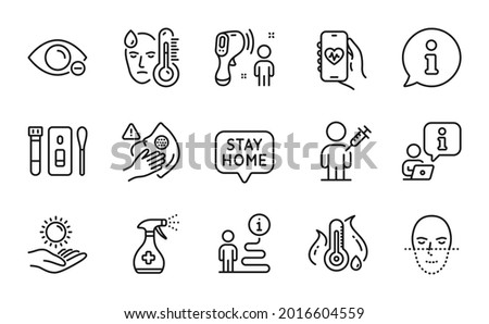 Medical icons set. Included icon as Sun protection, Stay home, Face recognition signs. Dirty mask, Myopia, Fever temperature symbols. Health app, Fever, Electronic thermometer. Covid test. Vector