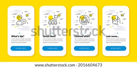Vector set of Leadership, Teamwork and Add person line icons set. UI phone app screens with line icons. Favorite app icon. Winner flag, Employees change, Edit user data. Smartphone review. Vector