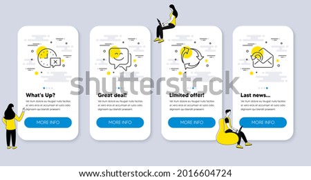 Set of Business icons, such as Recycle, Smile face, Time icons. UI phone app screens with people. Send mail line symbols. Recycling waste, Chat, Remove alarm. Sent message. Phone UI banners. Vector