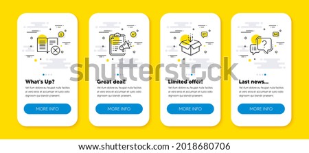 Vector set of Reject book, Get box and Megaphone checklist line icons set. UI phone app screens with line icons. Question mark icon. Delete article, Send package, Brand check. Quiz chat. Vector