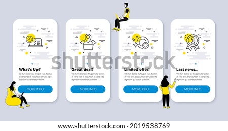 Vector Set of line icons related to Online test, Clean dishes and Package location icons. UI phone app screens with people. Reward line symbols. Vector