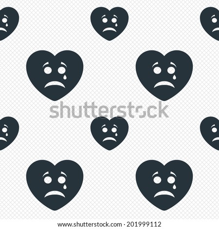Sad heart face with tear sign icon. Crying chat symbol. Seamless grid lines texture. Cells repeating pattern. White texture background. Vector