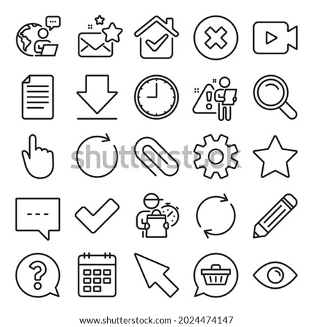 Document, Time, Calendar line icons. Question, Chat and Pencil icons. Cogwheel, Download calendar document, Attach clip. Mouse cursor, Magnifier and Shopping cart. Clock time, question mark. Vector