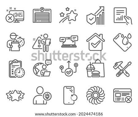 Technology icons set. Included icon as Smartphone waterproof, User idea, Internet chat signs. Star, Correct way, Security statistics symbols. Reject access, Document, Reject web. Exam time. Vector