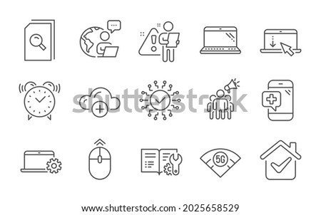 Search files, Laptop and 5g wifi line icons set. Notebook service, Swipe up and Cloud computing signs. Medical phone, Security network and Scroll down symbols. Line icons set. Vector