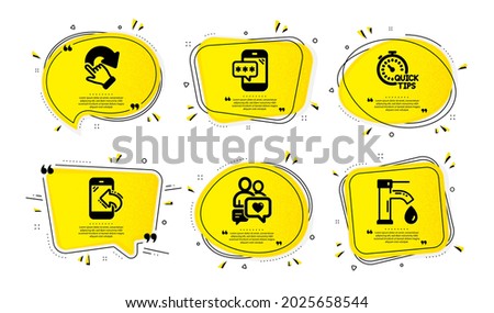 Incoming call, Rotation gesture and Dating chat icons simple set. Yellow speech bubbles with dotwork effect. Quick tips, Phone password and Tap water signs. Phone support, Undo, People love. Vector