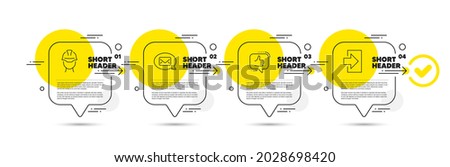 Messenger, Like and Foreman line icons set. Timeline infograph speech bubble. Login sign. New message, Thumbs up, Engineer person. Sign in. Business set. Infographics timeline process. Vector