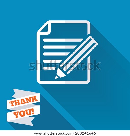 Edit document sign icon. Edit content button. White flat icon with long shadow. Paper ribbon label with Thank you text. Vector