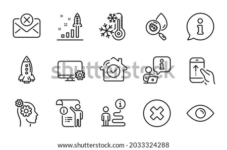 Technology icons set. Included icon as Monitor settings, Rocket, Close button signs. Reject mail, Manual doc, Development plan symbols. Thoughts, Eye, House security. Freezing, Swipe up. Vector