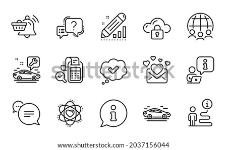 Technology icons set. Included icon as Atom, Bill accounting, Global business signs. Notification cart, Question mark, Approved symbols. Text message, Love mail, Car. Cloud protection. Vector