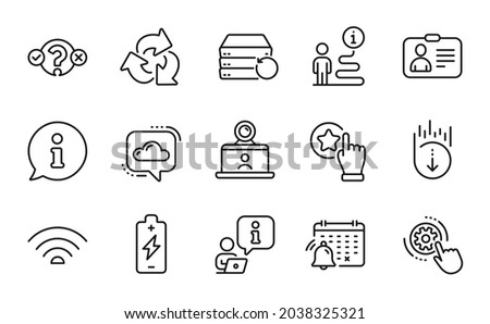 Technology icons set. Included icon as Recycle, Battery charging, Recovery server signs. Rate button, Scroll down, Notification calendar symbols. Video conference, Cogwheel settings, Wifi. Vector