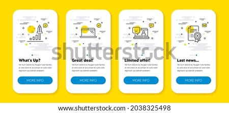 Vector set of Smile, Development plan and Laptop line icons set. UI phone app screens with line icons. Reject certificate icon. Laptop feedback, Strategy, Computer. Decline file. Vector