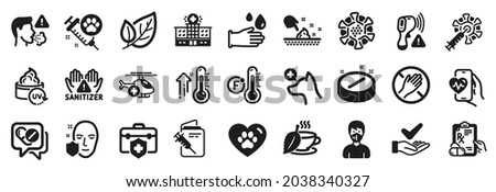 Set of Healthcare icons, such as Hospital building, Pets care, Mint tea icons. Medical insurance, Leaf, Uv protection signs. High thermometer, Dont touch, Fahrenheit thermometer. Cough. Vector