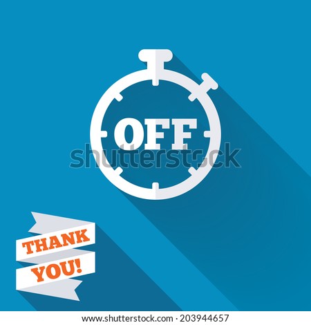 Timer off sign icon. Stopwatch symbol. White flat icon with long shadow. Paper ribbon label with Thank you text. Vector