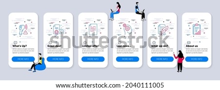 Science icons set. UI phone app screens with teamwork. Included icon as Feather signature, Thoughts, Electronic thermometer signs. Document, Certificate, Checklist line icons. Vector