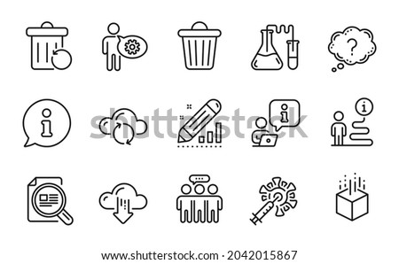 Science icons set. Included icon as Chemistry lab, Check article, Recovery trash signs. Cogwheel, Augmented reality, Edit statistics symbols. Cloud sync, Trash bin, Coronavirus vaccine. Vector