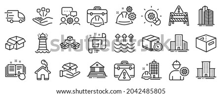 Set of Industrial icons, such as Truck delivery, Hold box, Lighthouse icons. Construction building, Court building, Delivery timer signs. Parcel shipping, Office box, Engineer. Buildings. Vector