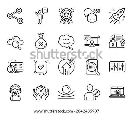 Vector set of Timer, Edit user and Online statistics line icons set. Agent, Search file and Augmented reality icons. Startup rocket, Loyalty award and Vip access signs. Timer web symbol. Vector