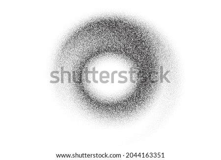 Dotwork swirl abstract background. Black noise dots spin circle. Sand grain vortex twirl effect. Abstract noise swirl pattern. Black grain dots twirl element. Dotted vortex vector background