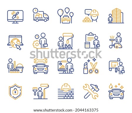 Professional services line icons. Car repair, Home cleaning, Engineering service line icons. Builder and Painter, Wrench tool with hammer, Car wash. Birthday events and internet services. Vector