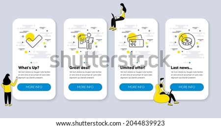 Set of Business icons, such as Boarding pass, Job interview, Tick icons. UI phone app screens with people. No cash line symbols. Flight ticket, Cv file, Confirm check. Tax free. Vector