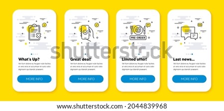 Vector set of Reject checklist, Approved app and Pre-order food line icons set. UI phone app screens with line icons. Comment icon. Decline file, Confirm smartphone, Restaurant meal. Vector