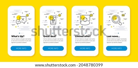 Vector set of Augmented reality, Mail and Reject line icons set. UI phone app screens with line icons. Time management icon. Phone simulation, Smartphone communication, Delete message. Vector