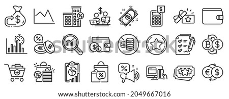 Set of Finance icons, such as Loyalty points, Line chart, Survey checklist icons. Payment, Calculator, Loan house signs. Loyalty star, Money exchange, Money wallet. Data analysis, No cash. Vector