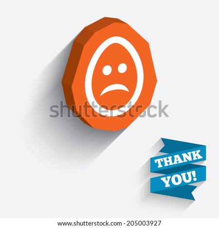 Sad Easter egg face sign icon. Sadness depression chat symbol. White icon on orange 3D piece of wall. Carved in stone with long flat shadow. Vector