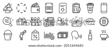 Set of line icons, such as Holiday presents, Skin condition, Megaphone icons. Human sing, Skin moisture, Group signs. Payment, Smartphone, Brand ambassador. Beer bottle, Finance calculator. Vector