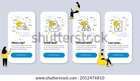 Set of Business icons, such as Mail newsletter, Stop shopping, Secure mail icons. UI phone app screens with people. Thumb down line symbols. Open e-mail, No buying, Private e-mail. Vector