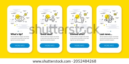 Vector set of Biometric eye, Like hand and Teamwork business line icons set. UI phone app screens with line icons. Teamwork icon. Security scan, Thumbs up, Collaboration. Remote work. Vector
