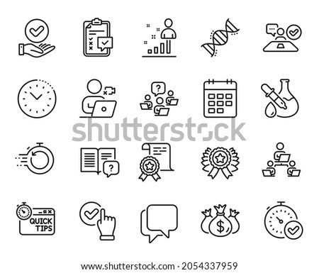 Vector set of Check investment, Chemistry dna and Teamwork question line icons set. Checkbox, Approved checkbox and Certificate icons. Checklist, Time management and Quick tips signs. Vector