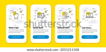 Vector set of Touchscreen gesture, Photo edit and Loan percent line icons set. UI phone app screens with line icons. Web love icon. Slide left, Change image, Discount hand. Social network. Vector