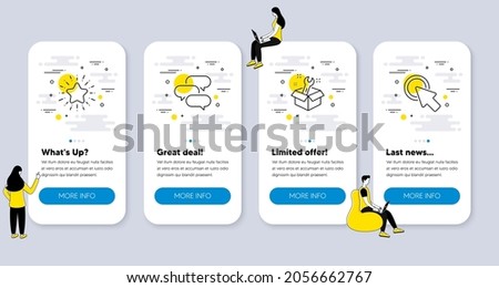 Set of Technology icons, such as Star, Talk bubble, Spanner icons. UI phone app screens with people. Click here line symbols. Best rate, Chat message, Repair service. Push button. Vector