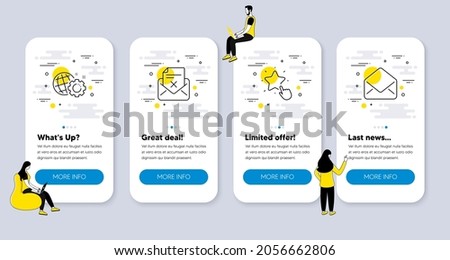 Vector Set of Business icons related to Reject letter, Seo gear and Ranking star icons. UI phone app screens with people. Mail line symbols. Delete mail, Web settings, Click rank. E-mail. Vector
