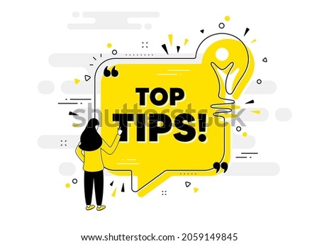 Top tips symbol. Idea chat bubble banner with person. Education faq sign. Best help assistance. Top tips chat message lightbulb. Idea light bulb people background. Vector