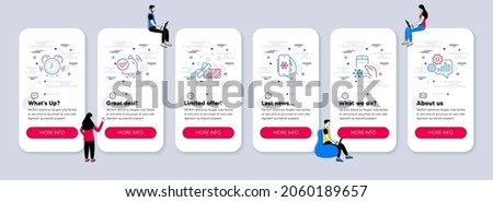 Vector Set of Business icons related to Present, Time management and Air conditioning icons. UI phone app screens with teamwork. Vector