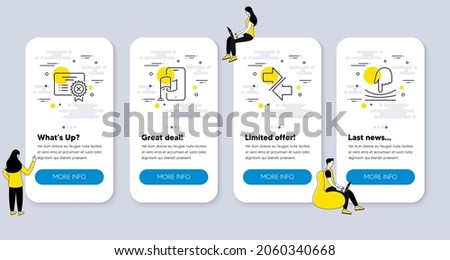 Set of Technology icons, such as Synchronize, Reject certificate, Location app icons. UI phone app screens with people. Elastic line symbols. Communication arrows, Decline file, Flag pin. Vector