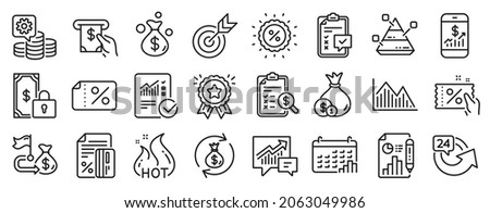 Set of Finance icons, such as Private payment, Making money, Target icons. Accounting, Discount, Checklist signs. Pyramid chart, Credit card, Calendar graph. Report document, Atm service. Vector