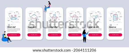 Set of line icons, such as Mail, Love message, Package location icons. UI phone app screens with teamwork. Parking security, Love heart, Reject checklist line symbols. Vector