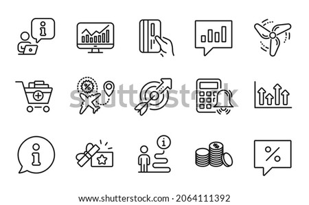 Finance icons set. Included icon as Discount message, Target, Analytical chat signs. Banking money, Add products, Wind energy symbols. Payment card, Calculator alarm, Statistics. Vector