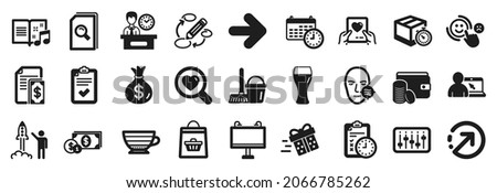 Set of simple icons, such as Presentation time, Problem skin, Checklist icons. Delivery timer, Launch project, Beer glass signs. Music book, Exam time, Dollar money. Payment, Calendar. Vector