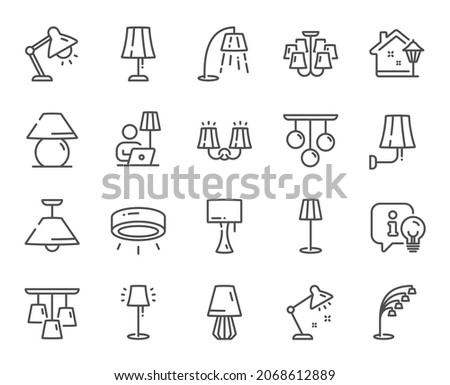 Lamps line icons. Spotlight led, Table Lamp and Floor Light. Modern chandelier, Electric light illuminate and Wall lamp icons. Lightbulb info, stand lamp and street light. Wall sconce. Vector Stockfoto © 
