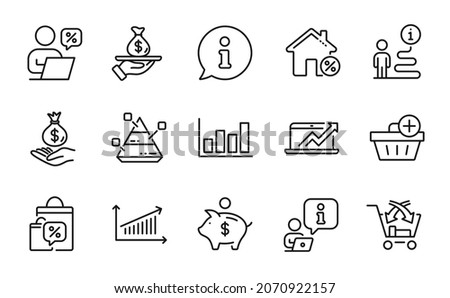 Finance icons set. Included icon as Income money, Cross sell, Loan house signs. Chart, Pyramid chart, Sale bags symbols. Piggy bank, Online discounts, Loan. Report diagram, Add purchase. Vector