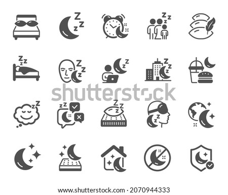 Sleep icons. Sleeping pillow, Night bed and Insomnia sleeplessness. Bedroom rest mattress, Zzz snooze and Pillows with feather icons. Sleeping mask, Alarm clock and Human sleep in bed. Vector