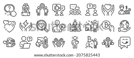 Set of People icons, such as Strategy, Delete user, Hold heart icons. Yummy smile, Search love, Teamwork signs. Employee hand, Business growth, Heart. Teamwork questions, Save planet. Vector