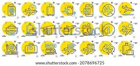 Airport line icons. Boarding pass, Baggage claim, Arrival and Departure. Connecting flight, tickets, pre-order food icons. Passport control, airport baggage carousel, inflight wifi. Vector