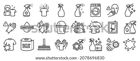 Set of Cleaning icons, such as Bucket, Dont touch, Wash hands icons. Toilet paper, Washing hands, Wash hand signs. Dirty t-shirt, Cleaning spray, Cleaning liquids. Washing machine. Vector