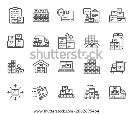 Inventory line icons. Warehouse manager, Wholesale stock, Goods checklist. Delivery logistic, Box shelf, Warehouse distribution outline icons. Wholesale freight, Storage and Inventory operator. Vector